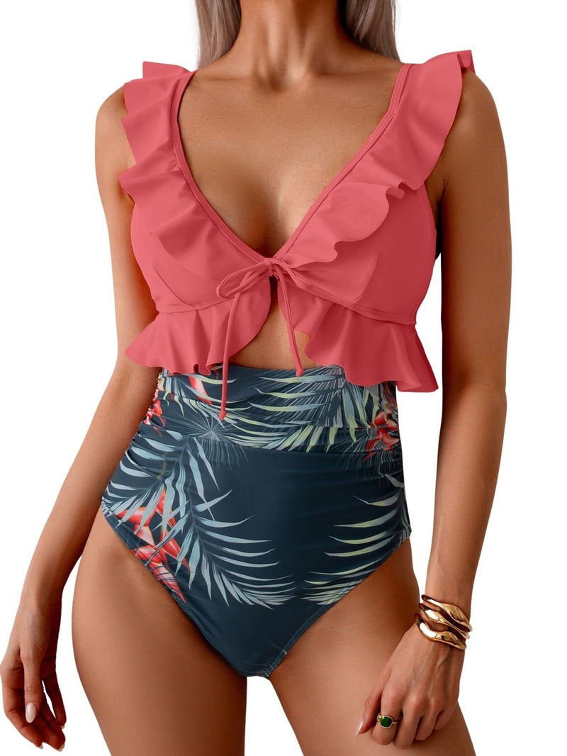 Eomenie One Piece Swimsuit for Women Tummy Control Ruffle Bathing Suit V Neck Ruched Swim Suit Slimming Cutout Swimwear - Image 1
