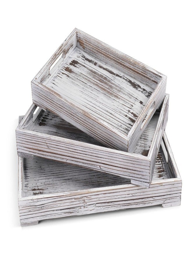 Flexzion Rustic Wooden Serving Tray with Handle - 3-Piece Set of Wooden Trays for Ottomans, Torched Whitewash Nesting Trays for Eating, Decoration, Coffee, Stackable Rectangular Breakfast - Image 1
