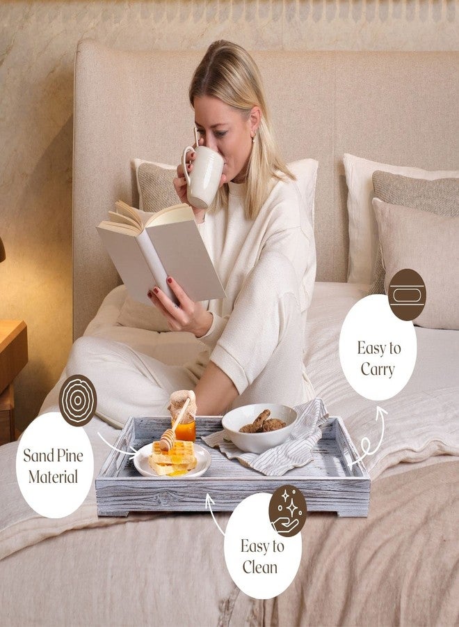 Flexzion Rustic Wooden Serving Tray with Handle - 3-Piece Set of Wooden Trays for Ottomans, Torched Whitewash Nesting Trays for Eating, Decoration, Coffee, Stackable Rectangular Breakfast - Image 5