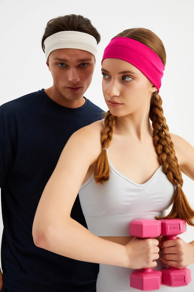 بوتيكجيز Fuchsia-White 2-Piece Combed Cotton, Non-Slip, Anti-Sweat, Ultra Light, Sports Hair Band Bandana