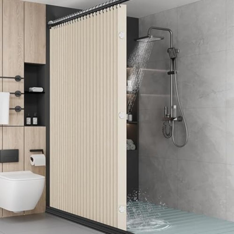 keyi180 x 200 cm Linen Shower Curtain with Magnetic Side Closures and Tieback Heavy Duty Waterproof Fabric Farmhouse Boho Bathroom Curtain with Hooks Moisture Resistant Beige - Image 1