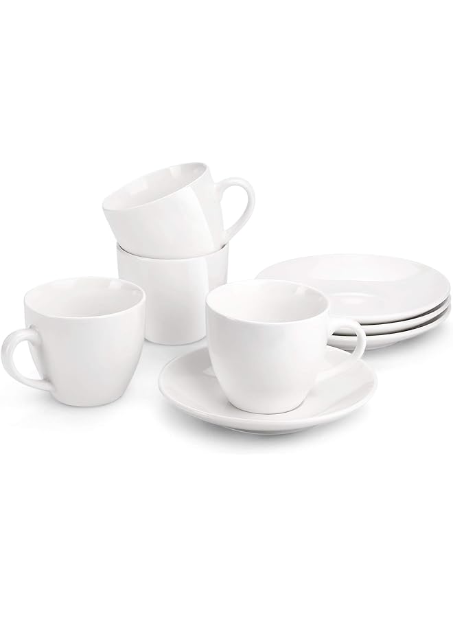 S-TOP 8 Ounce Porcelain Cappuccino Cups with Saucers - Set of 4, Perfect for Specialty Coffee Drinks, Latte, Cafe Mocha and Tea, White - Image 1