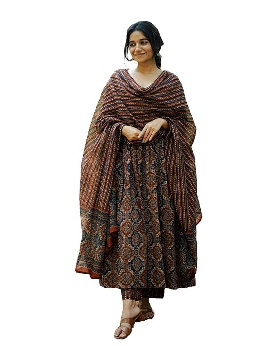 SKY FAB Women Printed Flared Anarkali Kurta with Pant and Dupatta Suit Set | Kurta Set Brown - Image 1