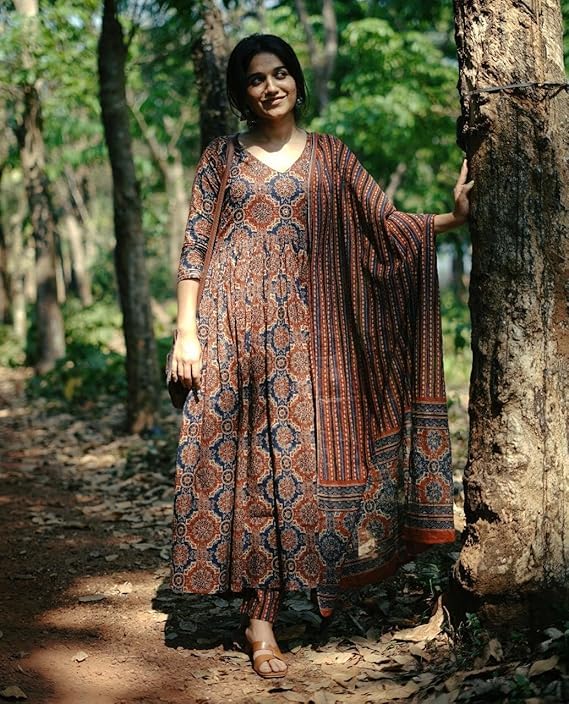 SKY FAB Women Printed Flared Anarkali Kurta with Pant and Dupatta Suit Set | Kurta Set Brown - Image 5