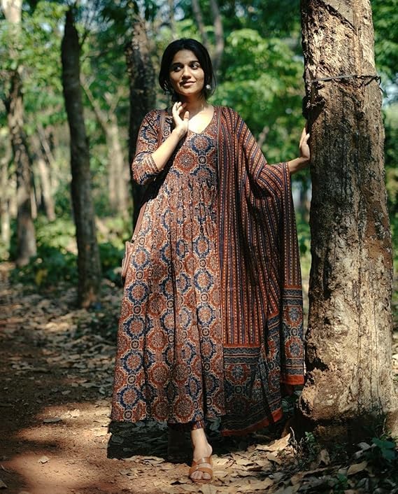 SKY FAB Women Printed Flared Anarkali Kurta with Pant and Dupatta Suit Set | Kurta Set Brown - Image 3