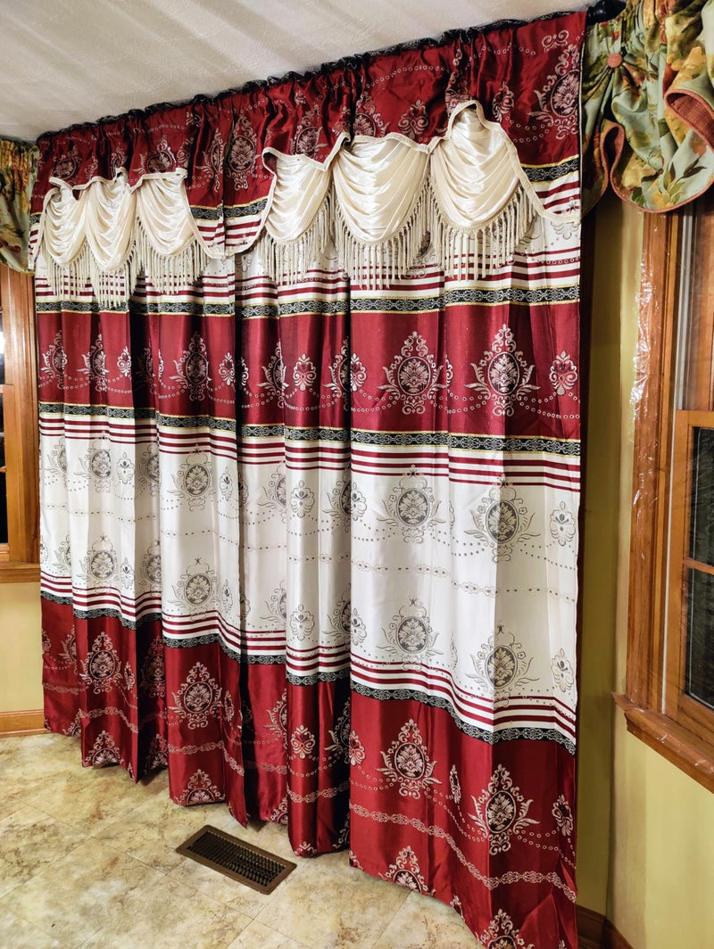 GOHD Golden Ocean Home Decor GOHD Harmony Horizon Jacquard Window Curtain Panel Drape with Attached Fancy Valance 2pcs Set Each pc 54 Wide x 90 Drop with 18 Valance Burgundy