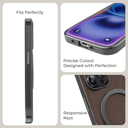 PULOKA Magfit Mobile Back Cover - Compatible with iPhone 15 PRO - Mag-Safe Design - Textured Vegan Leather - Electroplated Sides Bumper Case - Camera Protetection & Raised Edges - Dark Grey - Image 3