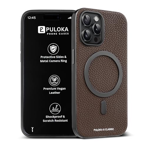 PULOKA Magfit Mobile Back Cover - Compatible with iPhone 15 PRO - Mag-Safe Design - Textured Vegan Leather - Electroplated Sides Bumper Case - Camera Protetection & Raised Edges - Dark Grey - Image 1