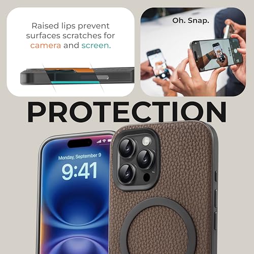 PULOKA Magfit Mobile Back Cover - Compatible with iPhone 15 PRO - Mag-Safe Design - Textured Vegan Leather - Electroplated Sides Bumper Case - Camera Protetection & Raised Edges - Dark Grey - Image 4