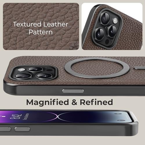 PULOKA Magfit Mobile Back Cover - Compatible with iPhone 15 PRO - Mag-Safe Design - Textured Vegan Leather - Electroplated Sides Bumper Case - Camera Protetection & Raised Edges - Dark Grey - Image 5