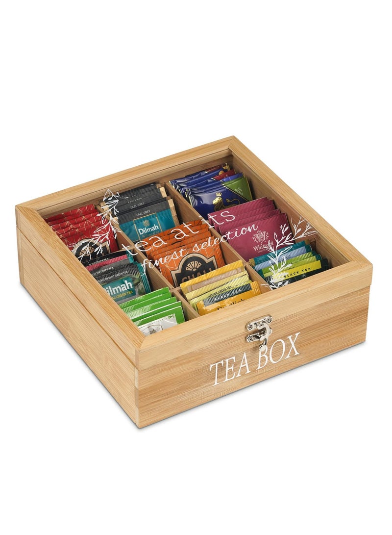XiuWoo Tea Box Tea Bag Organizer Wooden Tea Bag Holder Modern Tea Caddy Chest with 9 Compartments and Glass Cover  - Image 4