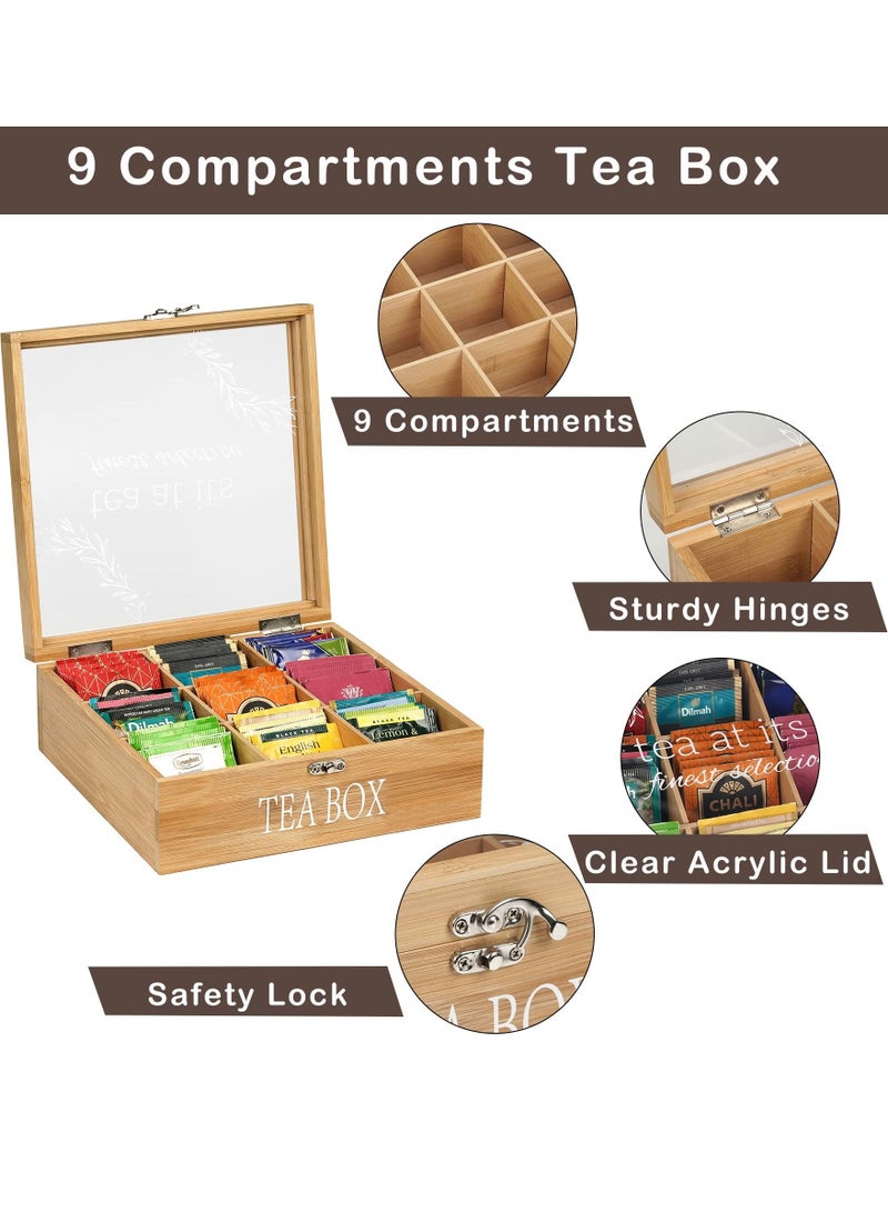 XiuWoo Tea Box Tea Bag Organizer Wooden Tea Bag Holder Modern Tea Caddy Chest with 9 Compartments and Glass Cover  - Image 3