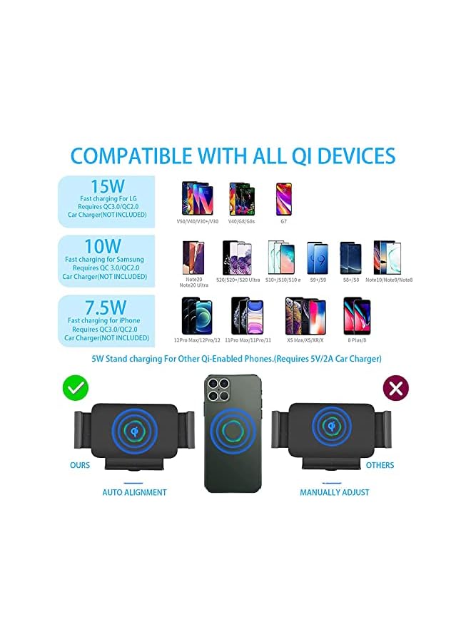 KASTWAVE 15W Qi Wireless Car Charger Mount Holder Compatible for Galaxy Z Fold3 Z Fold2 Fold S22 Ultra Google Pixel 6 Pro iPhone 14/13/12/11 Pro Max Phone Auto Clamp Fast Wireless Car Charger - Image 2