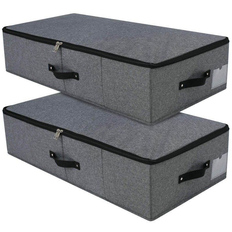 Omygarden 2PCS Foldable Under Bed Storage Box with Plastic Support Liner Handles Zipper lid Blankets Clothes Comforters Storage Bin Organizer for Bedroom and Closet 29157inch Black Grey