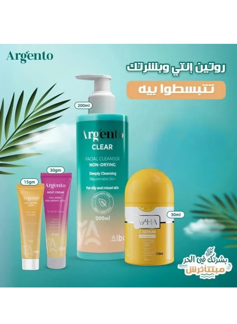 Argento 4-Piece Complete Care Set: Clear Cleanser 200ml, Night Cream, Eye Cream, and Vitamin C Serum - Image 1