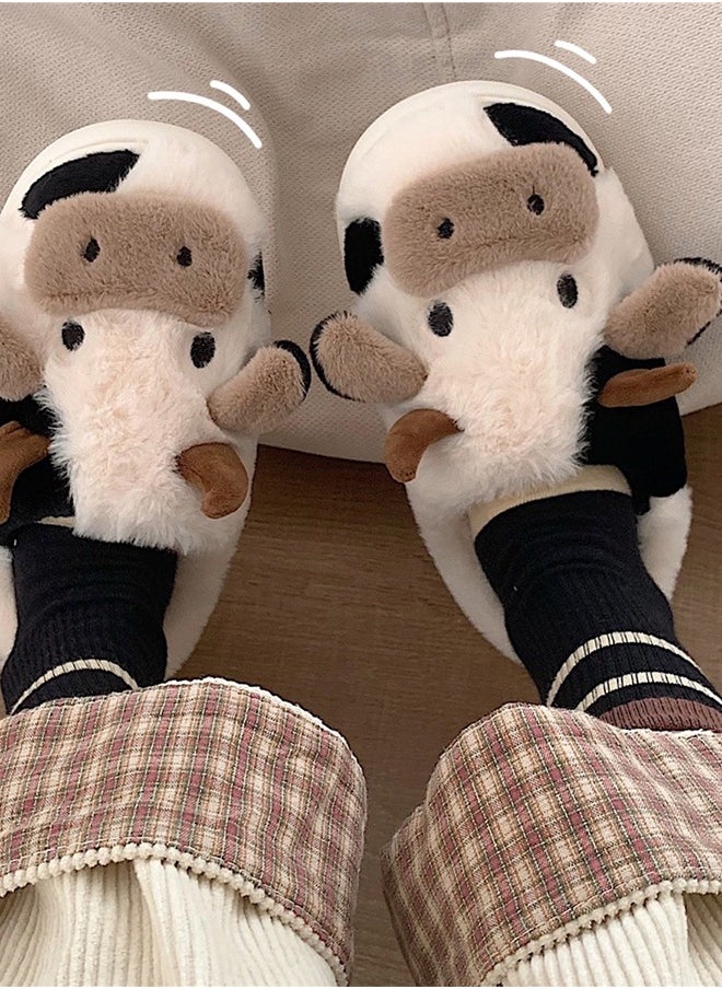 Joychic - Soft and Lovely Cow Design Cotton Bedroom Slippers Winter Fashion Female Home Warm Plush Confinement Slippers for Women - Image 1