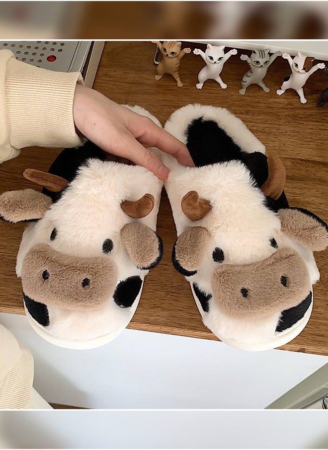 Joychic - Soft and Lovely Cow Design Cotton Bedroom Slippers Winter Fashion Female Home Warm Plush Confinement Slippers for Women - Image 1