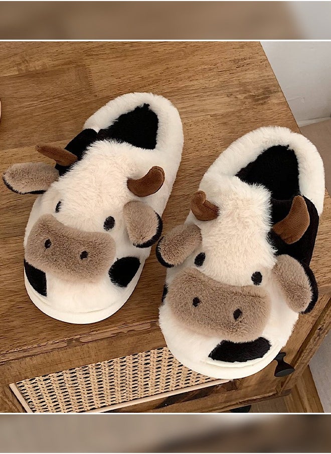 Joychic - Soft and Lovely Cow Design Cotton Bedroom Slippers Winter Fashion Female Home Warm Plush Confinement Slippers for Women - Image 1