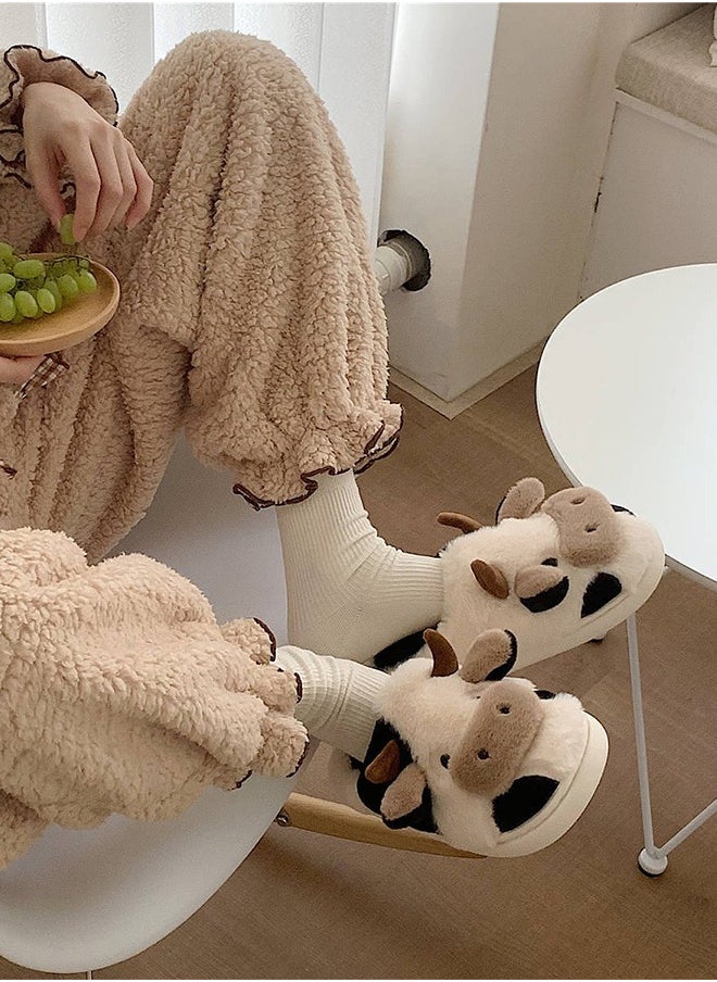 Joychic - Soft and Lovely Cow Design Cotton Bedroom Slippers Winter Fashion Female Home Warm Plush Confinement Slippers for Women - Image 1