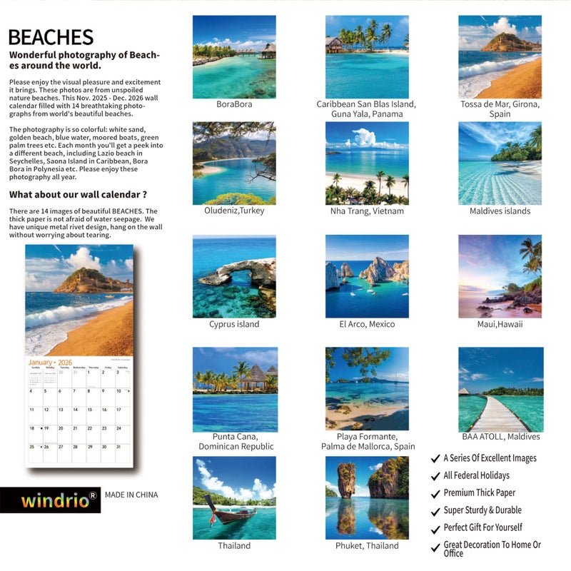 windrio 2026 Wall Calendar,Calendar 2026, November 2025 - December 2026, Wall Calendar Beaches, 12" x 24" Opened,Full Page Months Thick & Sturdy Paper for Calendar Organizing & Planning - Image 2