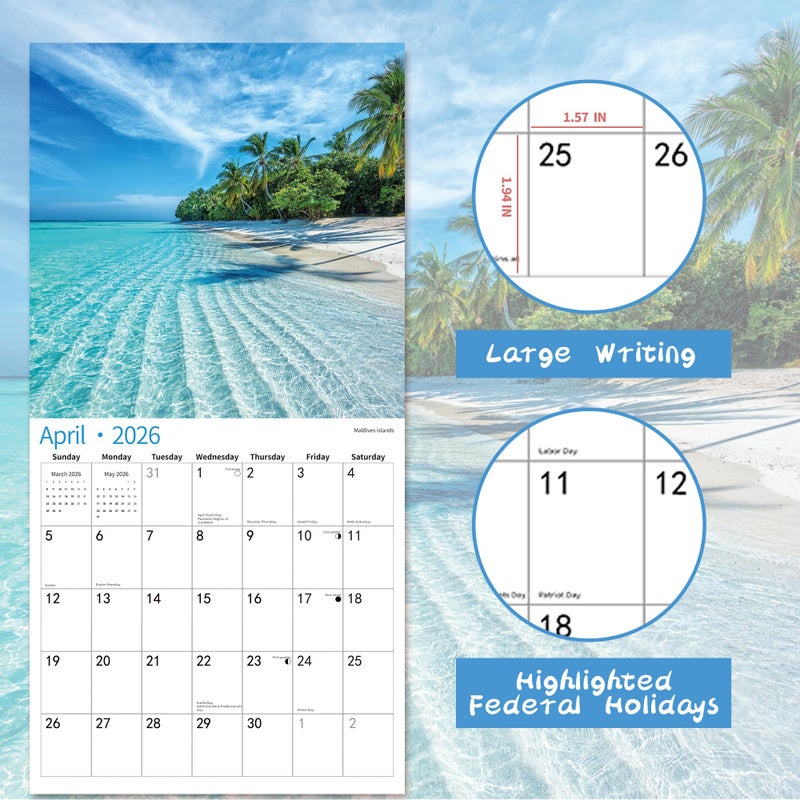 windrio 2026 Wall Calendar,Calendar 2026, November 2025 - December 2026, Wall Calendar Beaches, 12" x 24" Opened,Full Page Months Thick & Sturdy Paper for Calendar Organizing & Planning - Image 3