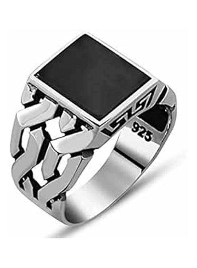 خاتم للرجال بفص أسود - فضي