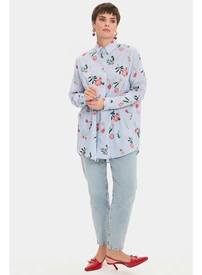 جون June Women Oversize/Loose Fit Cotton Blend Floral Fited Shirt Blue