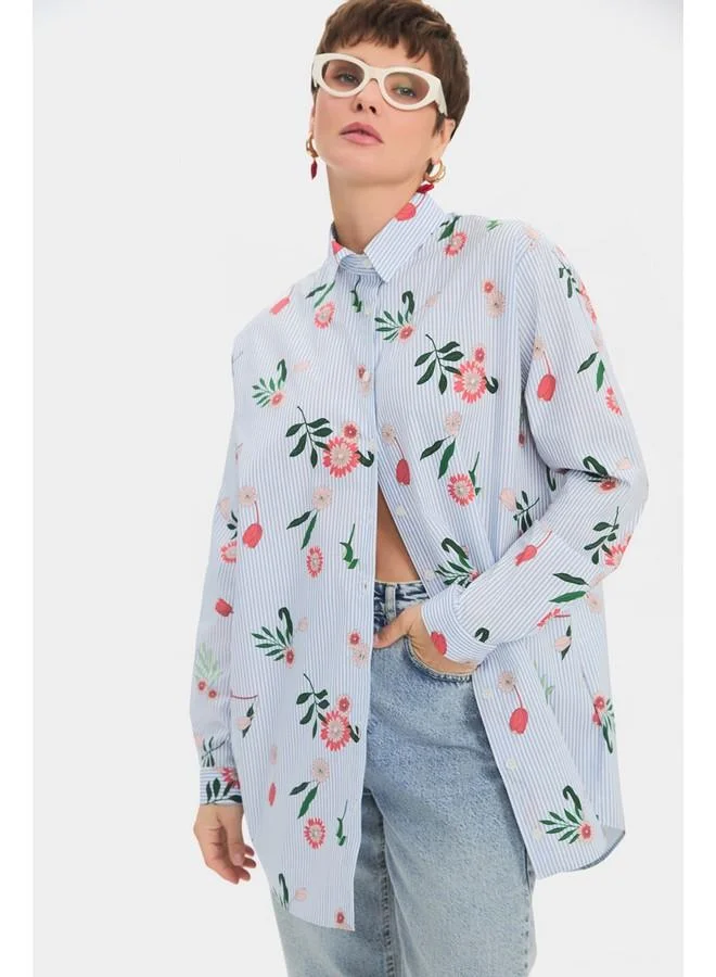 جون June Women Oversize/Loose Fit Cotton Blend Floral Fited Shirt Blue