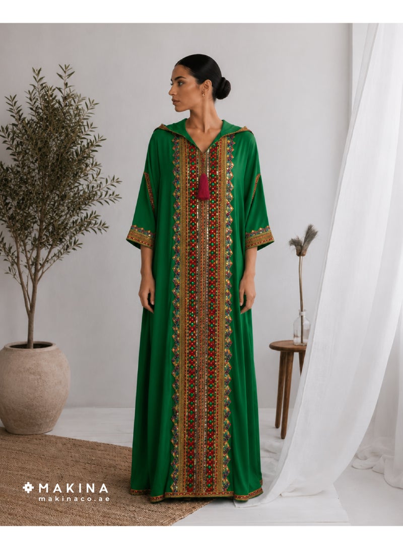 MAKINA Green Cotton Crepe Daraa with Aghabani Embroidery - Image 1