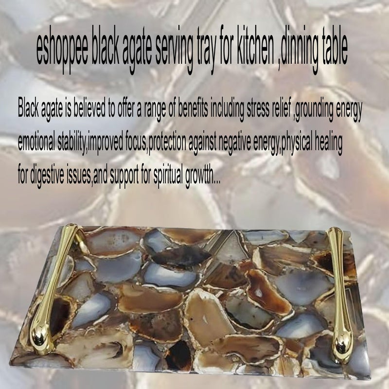 Eshoppee Natural Semiprecious Agate and Quartz Serving Tray with Golden Handles for Kitchen,Dinning Tables.(Mix Agate)(3) - Image 3