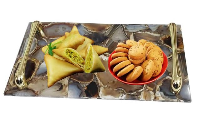 Eshoppee Natural Semiprecious Agate and Quartz Serving Tray with Golden Handles for Kitchen,Dinning Tables.(Mix Agate)(3) - Image 2
