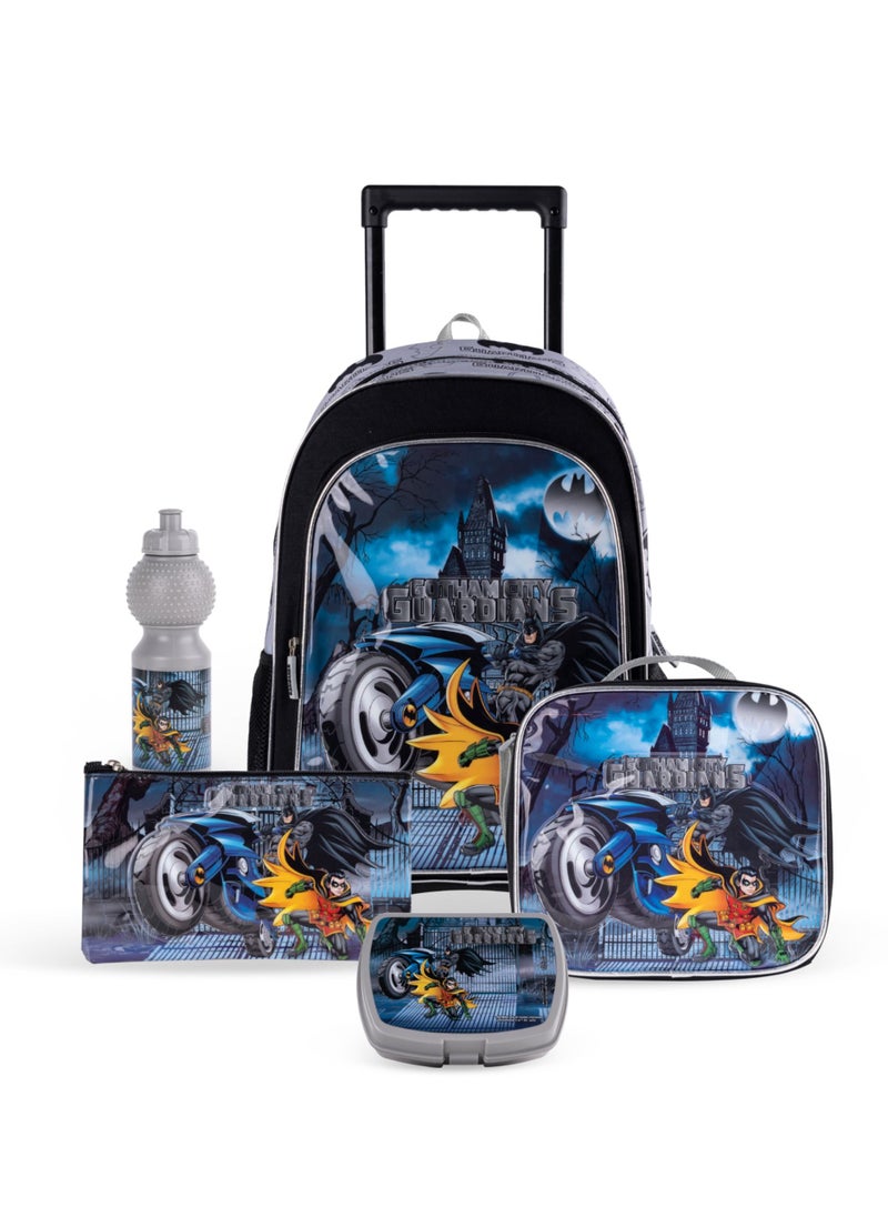 DC DC Batman 5-in-1 School Gear with 16-inch Kids’ Trolley Backpack - Extendable Telescopic Trolley, Soft Rubber Pullers, Thermal Insulation Lunch Bag, and Water-Resistant School Set  - Image 1