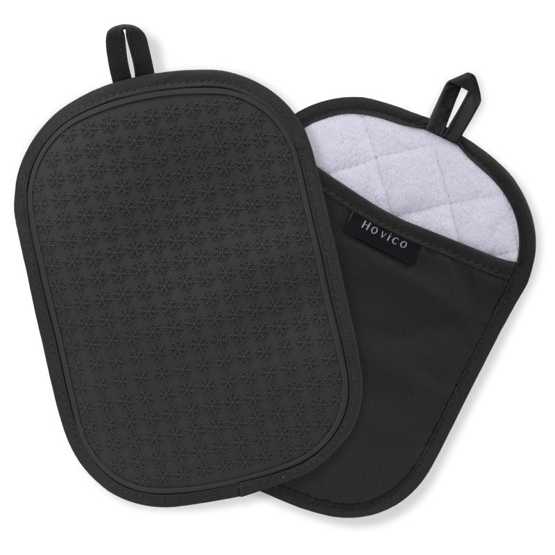 Hovico 2Pcs Silicone Pot Holders  Oven Mitts Heat Resistant Hot Pads With Pockets  Non Slip Pot Holder For Kitchen Baking And Cooking| 9.8 X 7 Inches | Towel Cloth Interior Lining - Black - Image 1