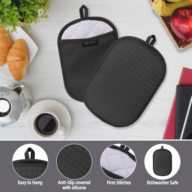 Hovico 2Pcs Silicone Pot Holders  Oven Mitts Heat Resistant Hot Pads With Pockets  Non Slip Pot Holder For Kitchen Baking And Cooking| 9.8 X 7 Inches | Towel Cloth Interior Lining - Black - Image 3