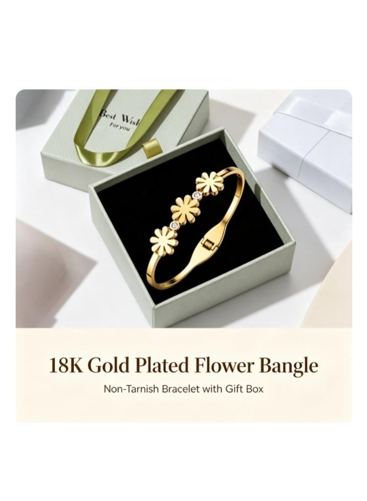 لاتين سوار نسائي صلب (Bangle) بتصميم زهرة ومطلي بالذهب عيار 18 قيراط، مزين بالكريستال ومقاوم للبهتان، يأتي مع علبة هدايا؛ قطعة مجوهرات أنيقة مناسبة للاستخدام اليومي والحفلات والمناسبات الخاصة. - Image 1