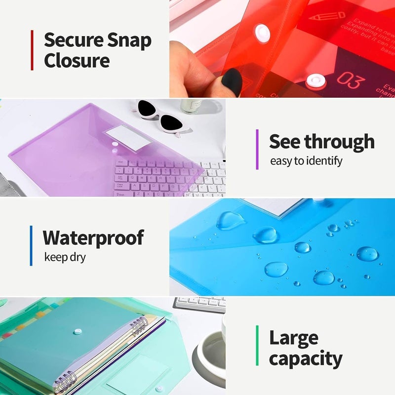 DAILYCHIC Global easy assemble picks 24 Pack Plastic Envelopes,A4 Size File Folder with Button Snap Closure and Label, Clear Envelopes File Organizer for School Office Letter Size Poly Filling Envelopes 6 Colors General compatible practical design - Image 5