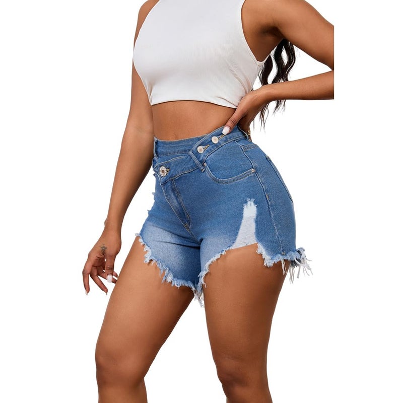PINSV Women's High Waisted Crossover Jean Shorts Ripped Raw Hem Summer Hot Denim Shorts Light Blue L - Image 4