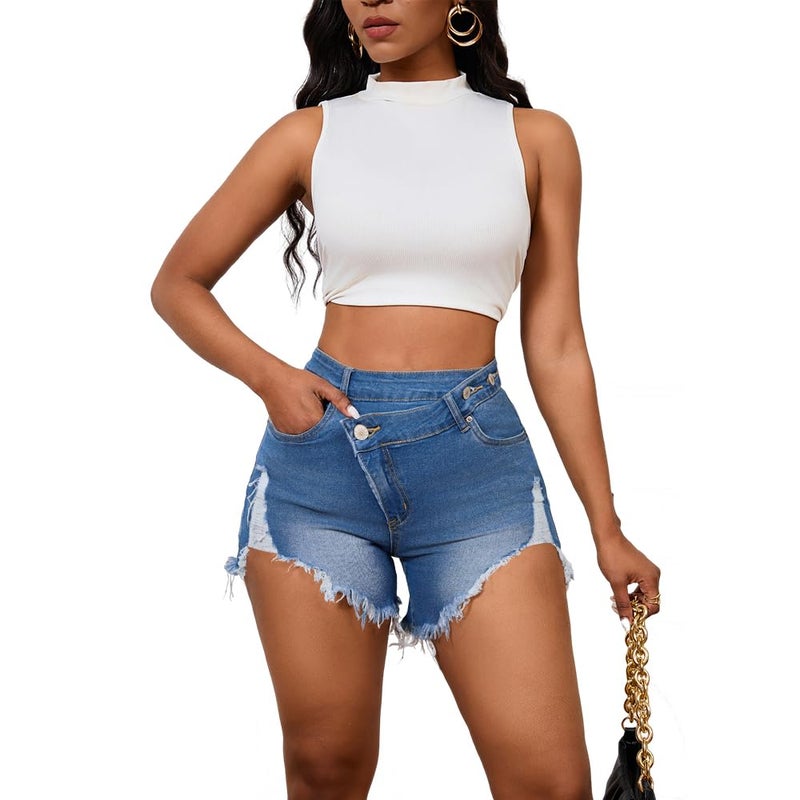 PINSV Women's High Waisted Crossover Jean Shorts Ripped Raw Hem Summer Hot Denim Shorts Light Blue L - Image 3