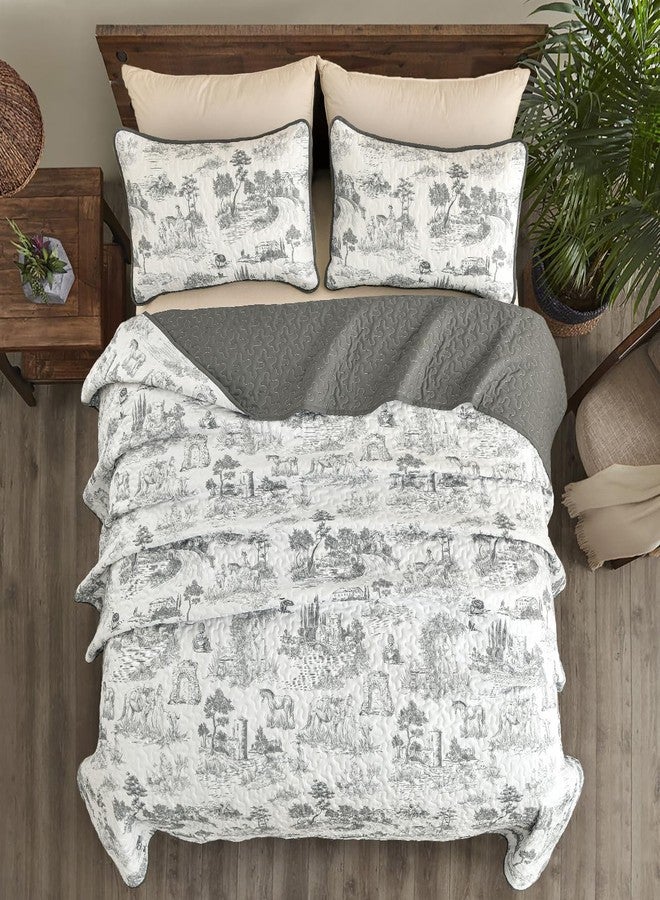 Drucon Botanical Quilt Set King Size, 3 Pieces Grey Plants Printed Bedding Set, Soft Microfiber Coverlet and Lightweight Bedspread for All Season (104"x90") - Image 3