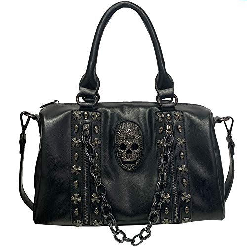 FiveloveTwo Women Skull Chain Handbag and Purse Gothic Rivet Tote Satchel Shoulder Bag Black - Image 1