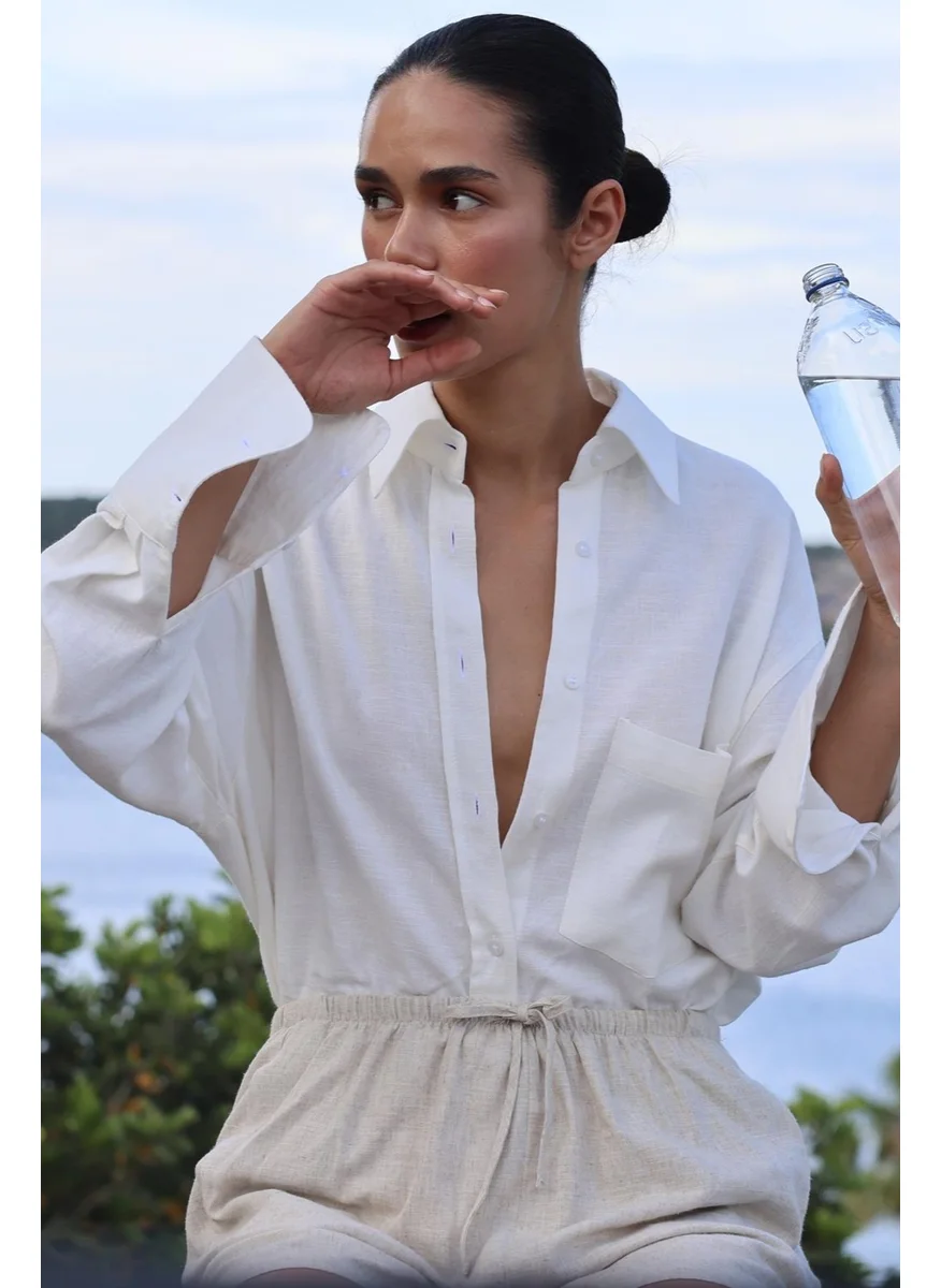 سود كوليكشن Saud Collection White 100% Linen Tina Basic Shirt with Pocket