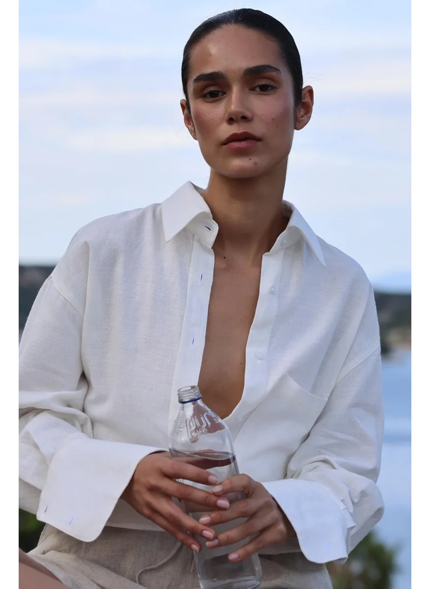سود كوليكشن Saud Collection White 100% Linen Tina Basic Shirt with Pocket