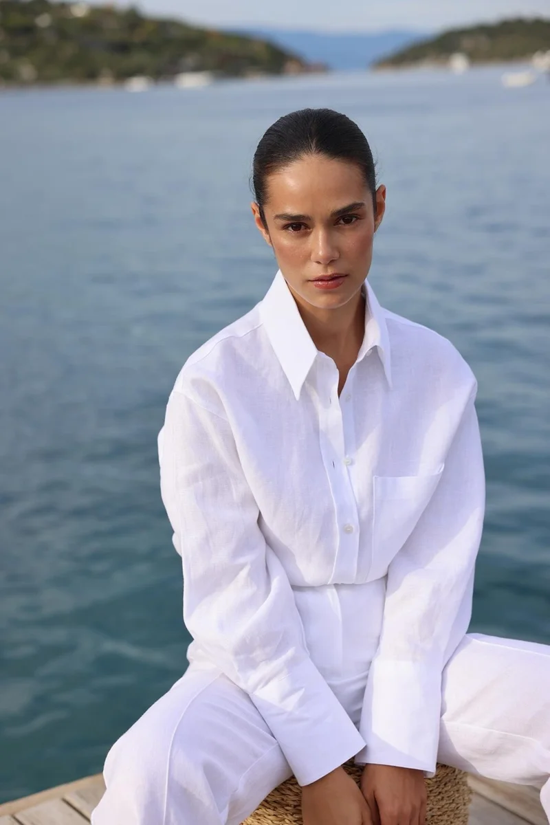 سود كوليكشن Saud Collection White 100% Linen Tina Basic Shirt with Pocket