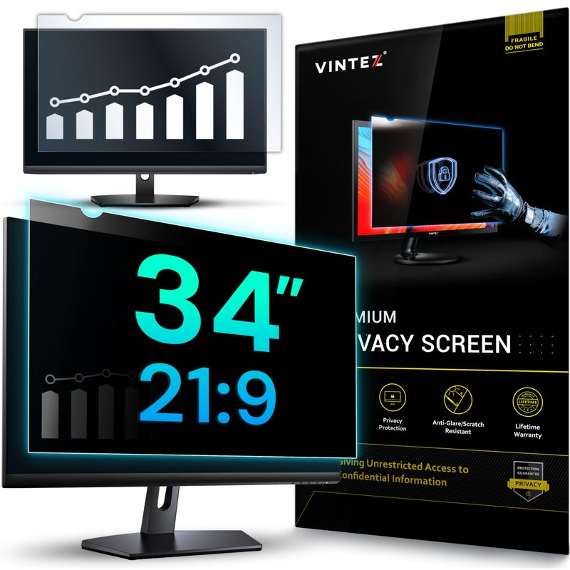 VINTEZ 34 Inch 21:9 Privacy Screen for Computer Monitor and Laptop - Anti Glare Protector Film Blue Light Filter Eye Protection - Computer Screen Privacy Shield, [1 Pack] - Image 1
