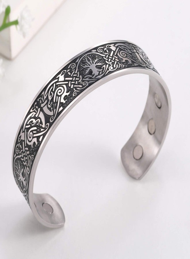TEAMER Tree of Life Cuff Bracelet Stainless Steel Raven Viking Norse Celtic Knot Cuff Bangle Bracelet for Men Women - Image 4