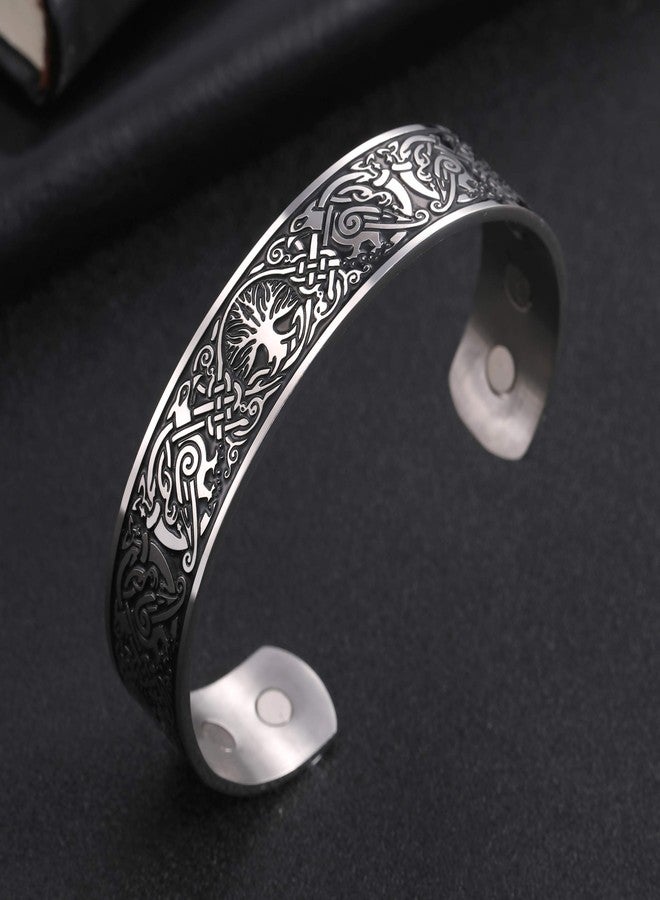 TEAMER Tree of Life Cuff Bracelet Stainless Steel Raven Viking Norse Celtic Knot Cuff Bangle Bracelet for Men Women - Image 3