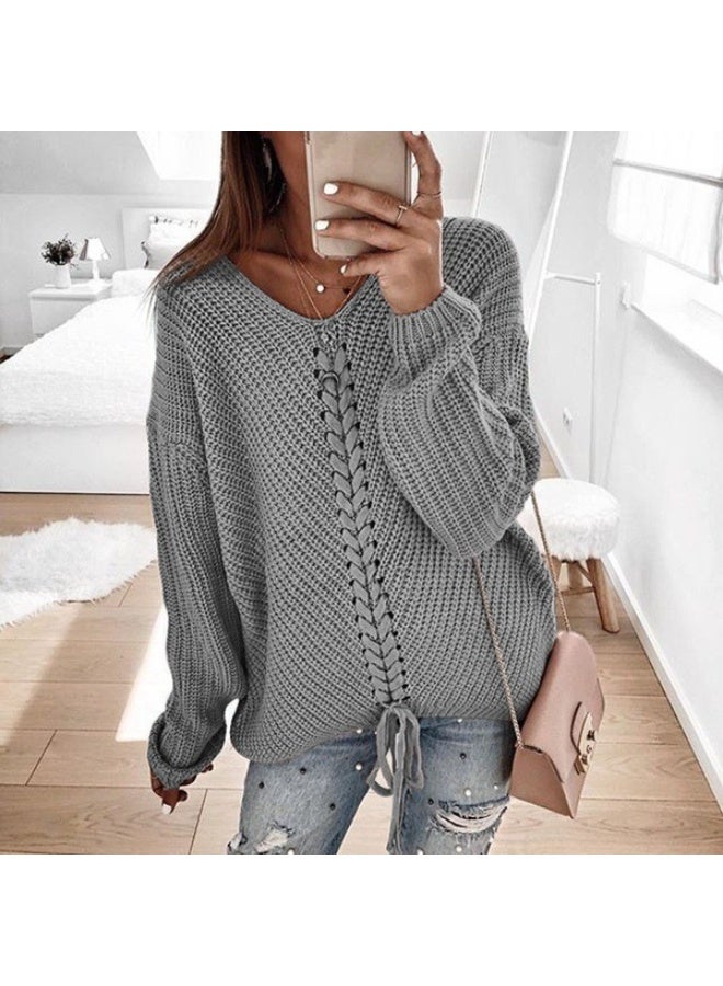 NIBEMINENT Autumn And Winter European And American Women's Long-sleeved Loose V-neck Drawstring Backless Pullover Knitted Sweater - Image 1