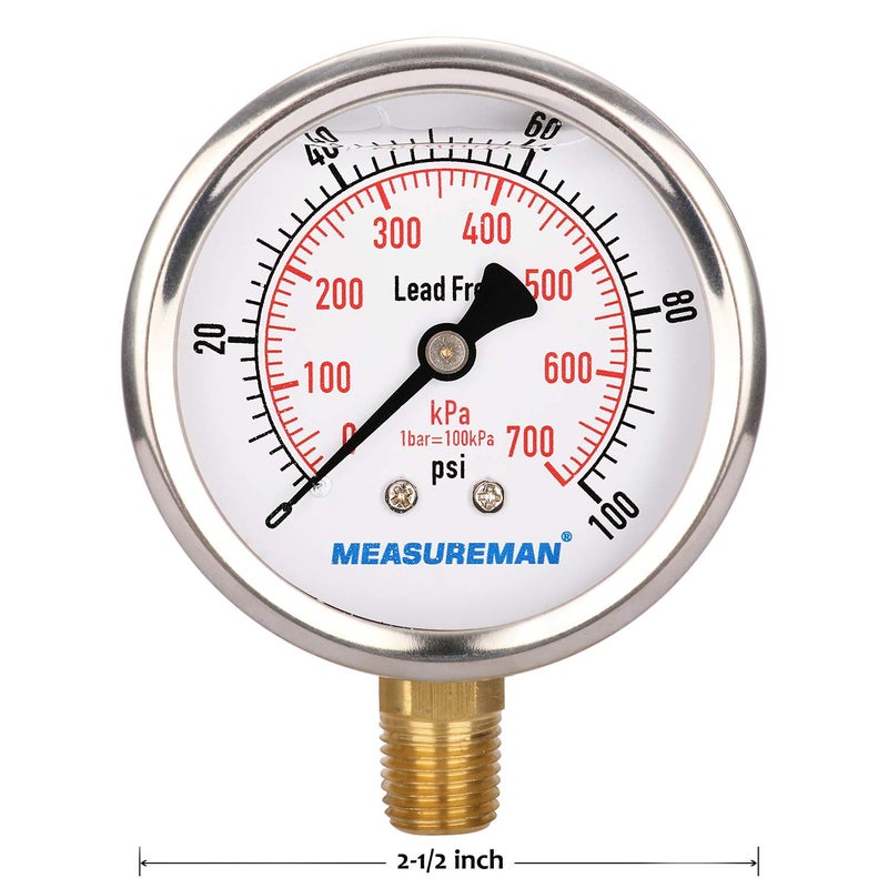 MEASUREMAN مقياس ضغط خالٍ من الرصاص من ميزورمان، قرص 2-1/2 بوصة، مملوء بالجليسرين، نطاق 0-100 رطل لكل بوصة مربعة/كيلو باسكال، غلاف من الفولاذ المقاوم للصدأ، تركيب سفلي 1/4 إنش إن بي تي - Image 3