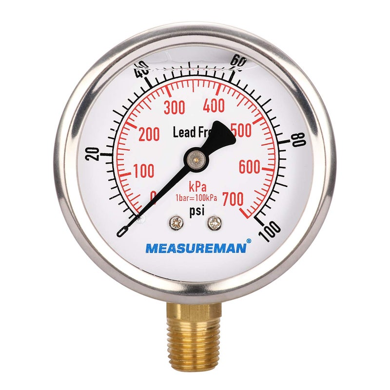 MEASUREMAN مقياس ضغط خالٍ من الرصاص من ميزورمان، قرص 2-1/2 بوصة، مملوء بالجليسرين، نطاق 0-100 رطل لكل بوصة مربعة/كيلو باسكال، غلاف من الفولاذ المقاوم للصدأ، تركيب سفلي 1/4 إنش إن بي تي - Image 1