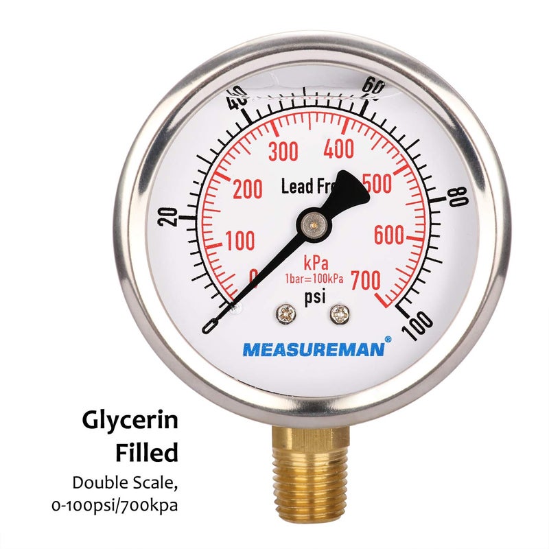 MEASUREMAN مقياس ضغط خالٍ من الرصاص من ميزورمان، قرص 2-1/2 بوصة، مملوء بالجليسرين، نطاق 0-100 رطل لكل بوصة مربعة/كيلو باسكال، غلاف من الفولاذ المقاوم للصدأ، تركيب سفلي 1/4 إنش إن بي تي - Image 5